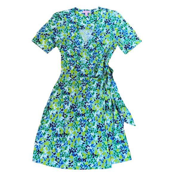 Lilly Pulitzer Kessler Silk Jersey Wrap Dress Blue Green Spotted - Picture 1 of 10